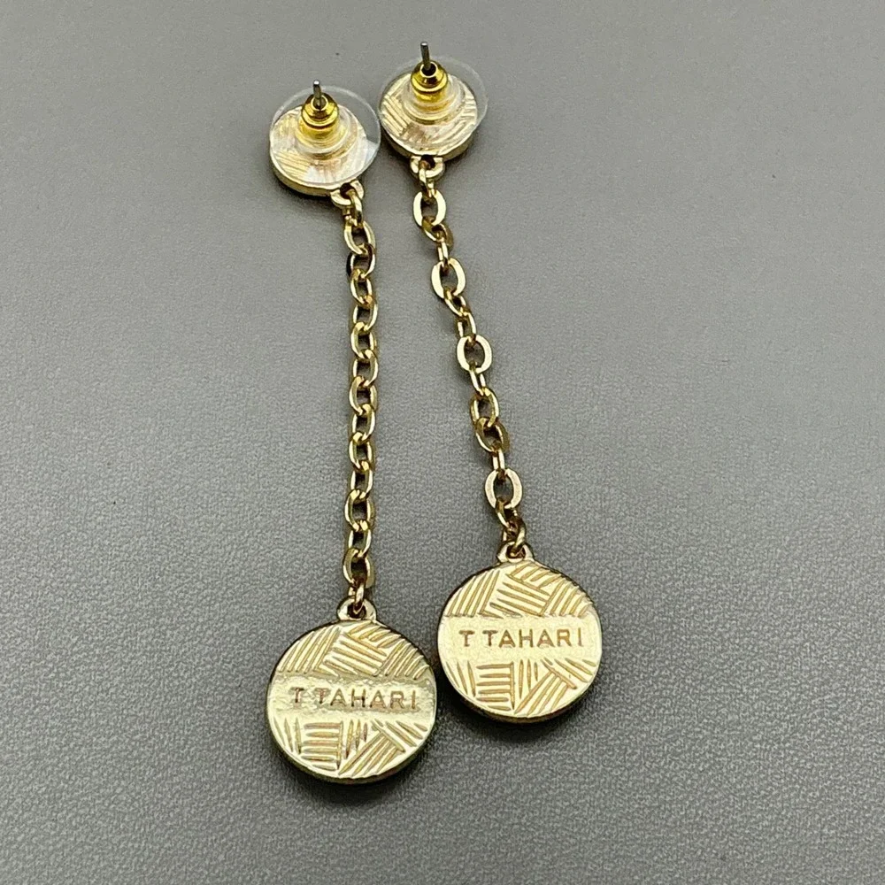 T Tahari Earrings Women Gold Tone Long Chain Dangle Drop Round Disc 2.25 Inch